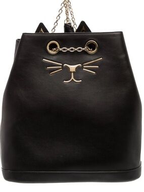 Violet Ray Black Cat Gold Chain Detail Faux Leather Backpack NWT *Few Marks*